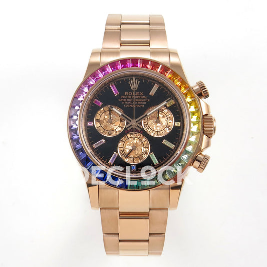 Rolex Daytona 116595RBOW AVF replica - front black dial with rainbow baguette hour markers and bezel, gold-tone crystalline-pattern chronograph counters, plain metal lugs and rose-gold-tone bracelet