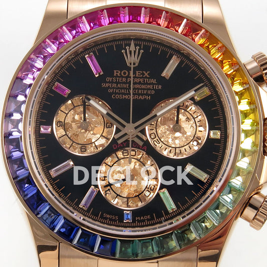 Rolex Daytona 116595RBOW AVF replica - original black dial, rainbow baguette markers and gold flake-textured chronograph counters in close-up