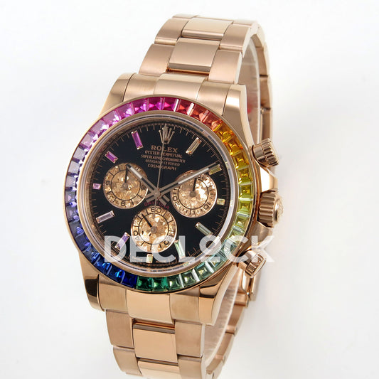 Rolex Daytona 116595RBOW AVF replica - angled front with original rainbow bezel, black dial and plain rose-gold lugs