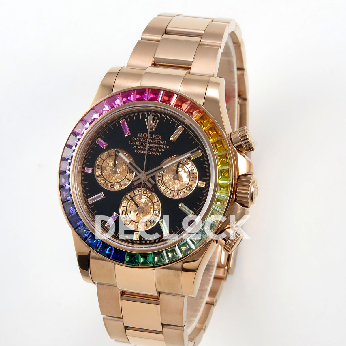 Rolex Daytona 116595RBOW AVF replica - angled front with original rainbow bezel, black dial and plain rose-gold lugs