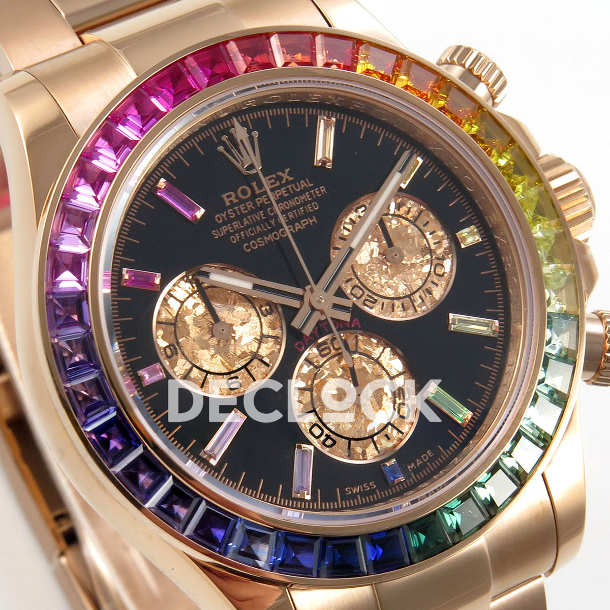 Rolex Daytona 116595RBOW AVF replica - original rainbow gem markers and gold flake-textured counters at a left angle