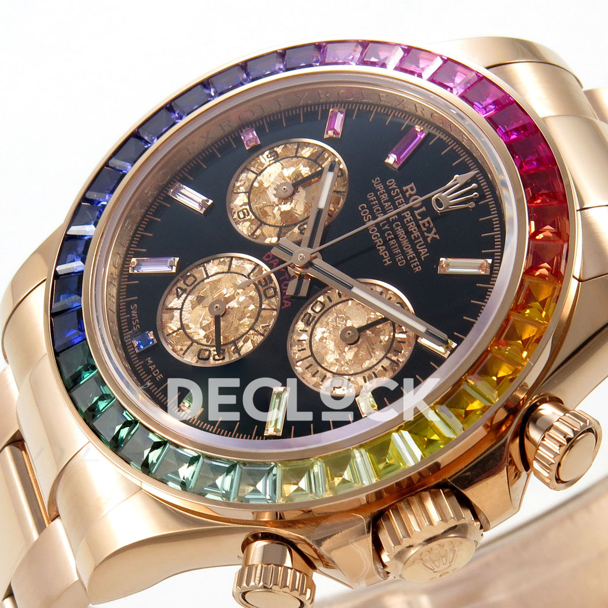 Rolex Daytona 116595RBOW AVF replica - original rainbow bezel, black dial and rose-gold pushers at a right angle