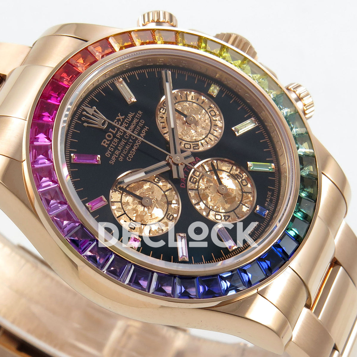 Rolex Daytona 116595RBOW AVF replica - original black dial and textured gold counters from a low angle