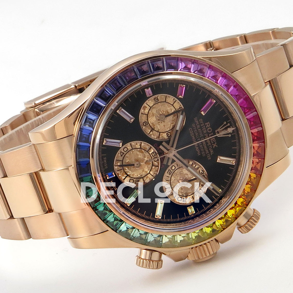 Rolex Daytona 116595RBOW AVF replica - horizontal front with original rainbow bezel and rose-gold bracelet