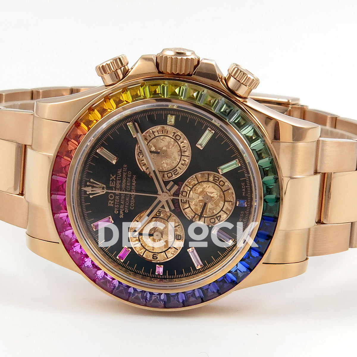 Rolex Daytona 116595RBOW AVF replica - opposite horizontal view of the original rainbow bezel and black dial