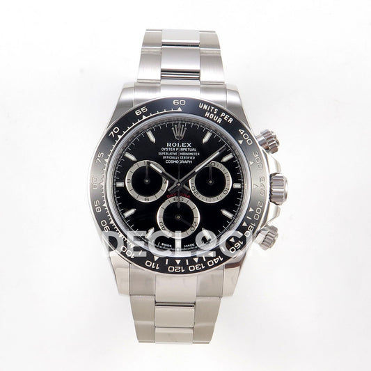 Rolex Daytona 126500 BTF replica, front view with black dial and steel Oyster bracelet