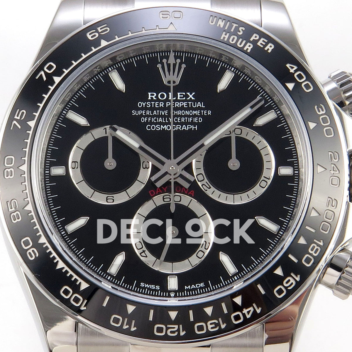 Rolex Daytona 126500 BTF replica, black dial and tachymeter bezel close-up