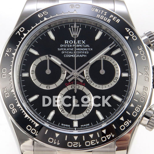 Rolex Daytona 126500 BTF replica, black dial and tachymeter bezel close-up