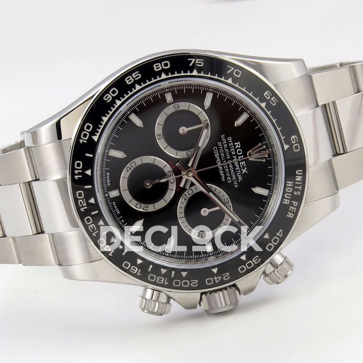 Rolex Daytona 126500 BTF replica, angled dial and bracelet view