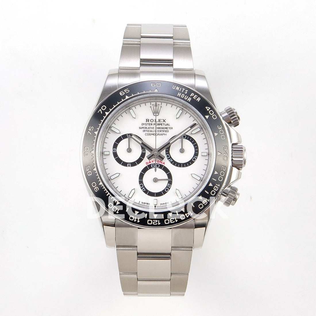 Rolex Daytona 126500 BTF replica, front view with white Panda dial and steel Oyster bracelet 126500