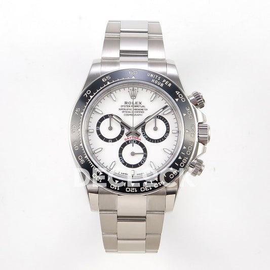 Rolex Daytona 126500 BTF replica, front view with white Panda dial and steel Oyster bracelet