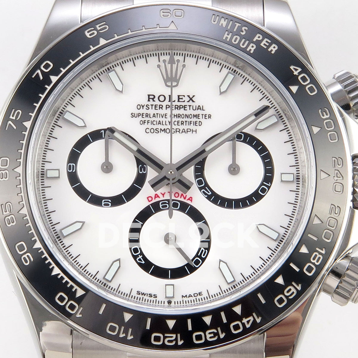 Rolex Daytona 126500 BTF replica, white Panda dial and tachymeter bezel close-up