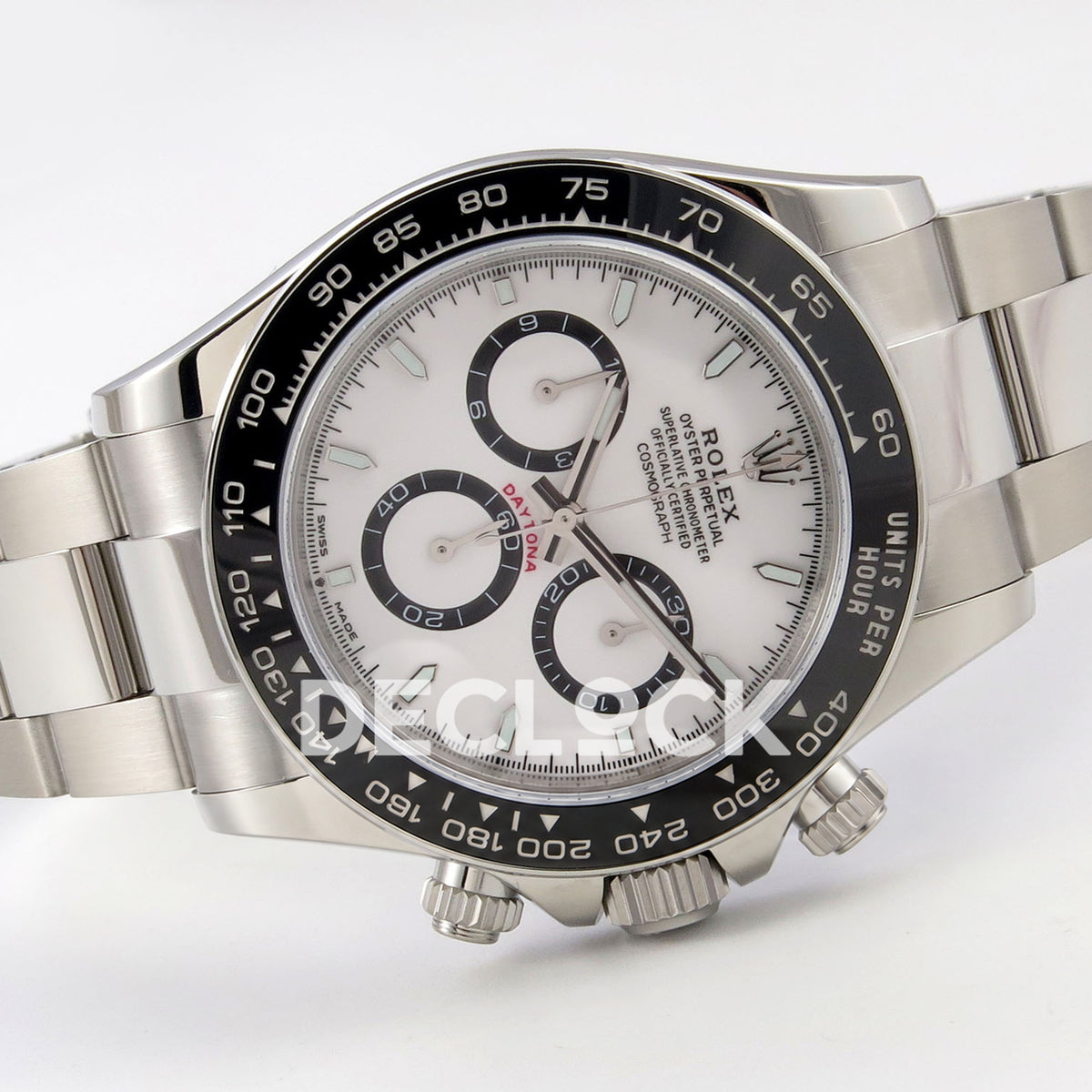 Rolex Daytona 126500 BTF replica, angled dial and bracelet view