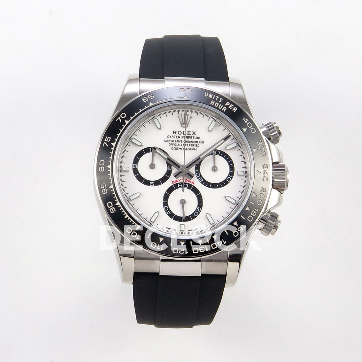 Rolex Daytona 126500 BTF replica, front view with white dial and black Oysterflex strap