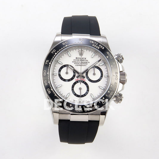 Rolex Daytona 126500 BTF replica, front view with white dial and black Oysterflex strap
