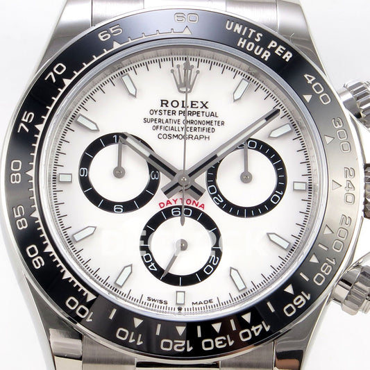 Rolex Daytona 126500 BTF replica, white dial and black-ringed subdials close-up