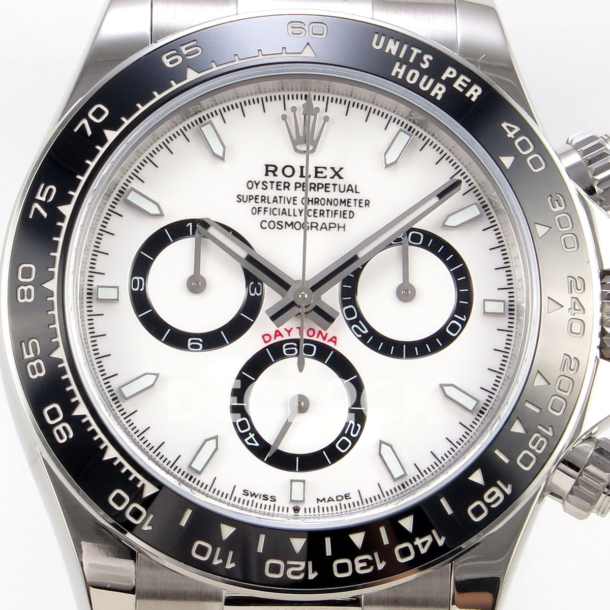 Rolex Daytona 126500 BTF replica, white dial and black-ringed subdials close-up