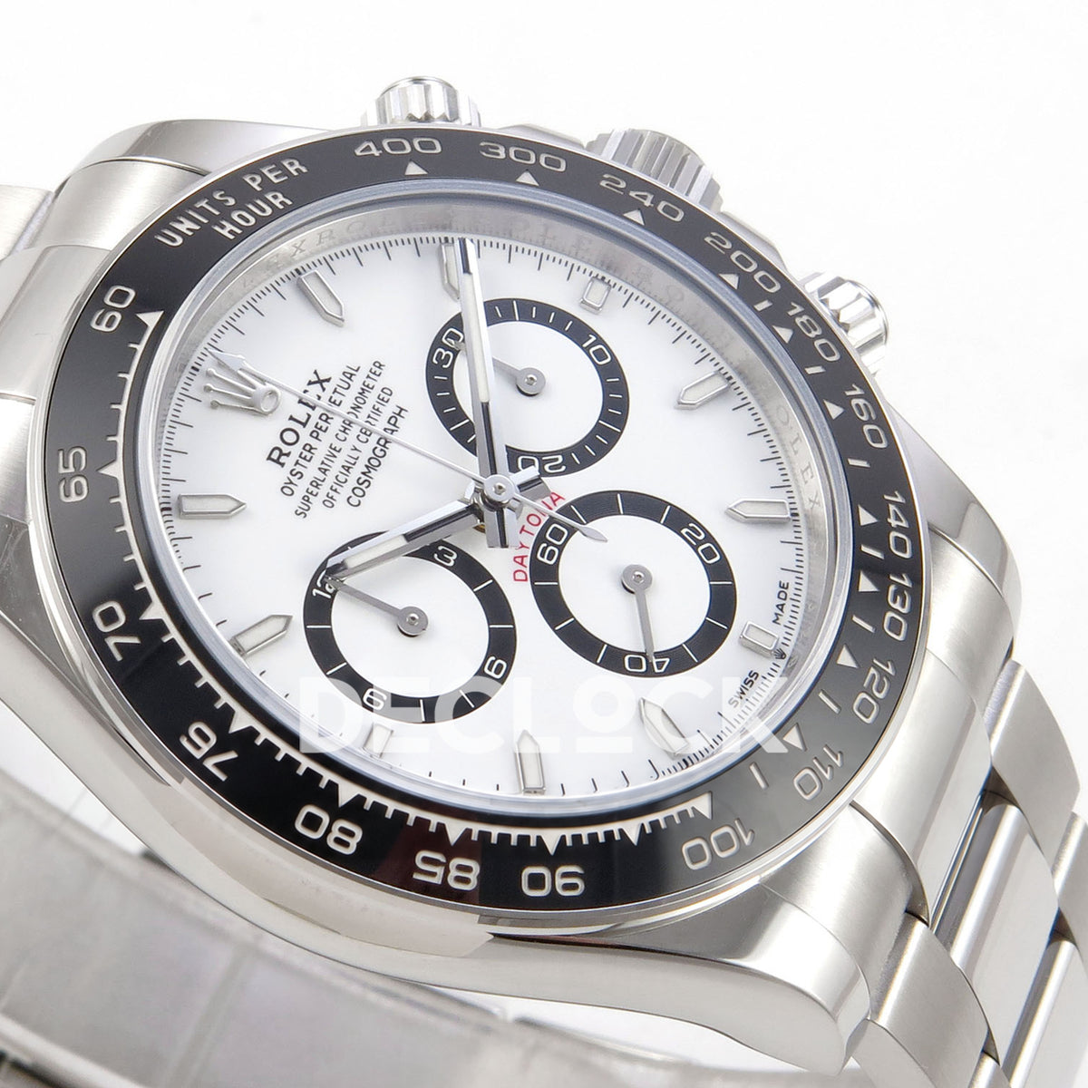 Rolex Daytona 126500 WF replica, white dial and ceramic bezel detail