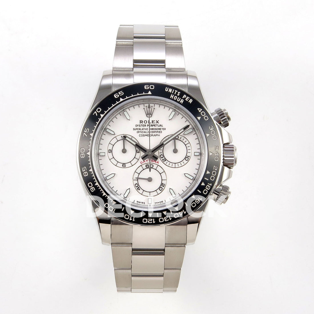 Rolex Daytona 126502 BTF replica, front view with white dial and steel Oyster bracelet 126502