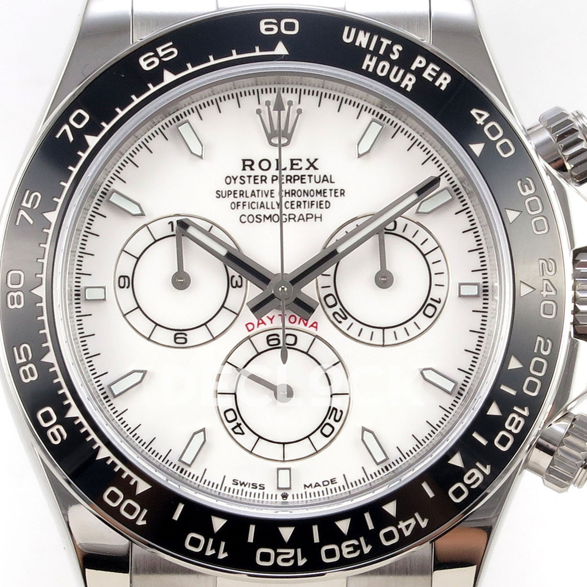 Rolex Daytona 126502 BTF replica, white dial and tachymeter bezel close-up
