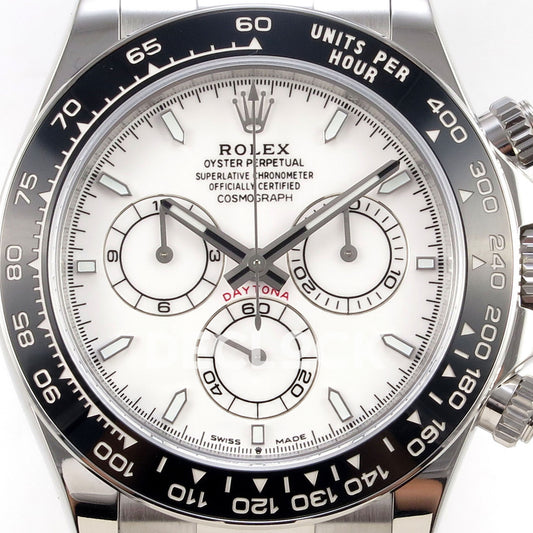 Rolex Daytona 126502 BTF replica, white dial and tachymeter bezel close-up