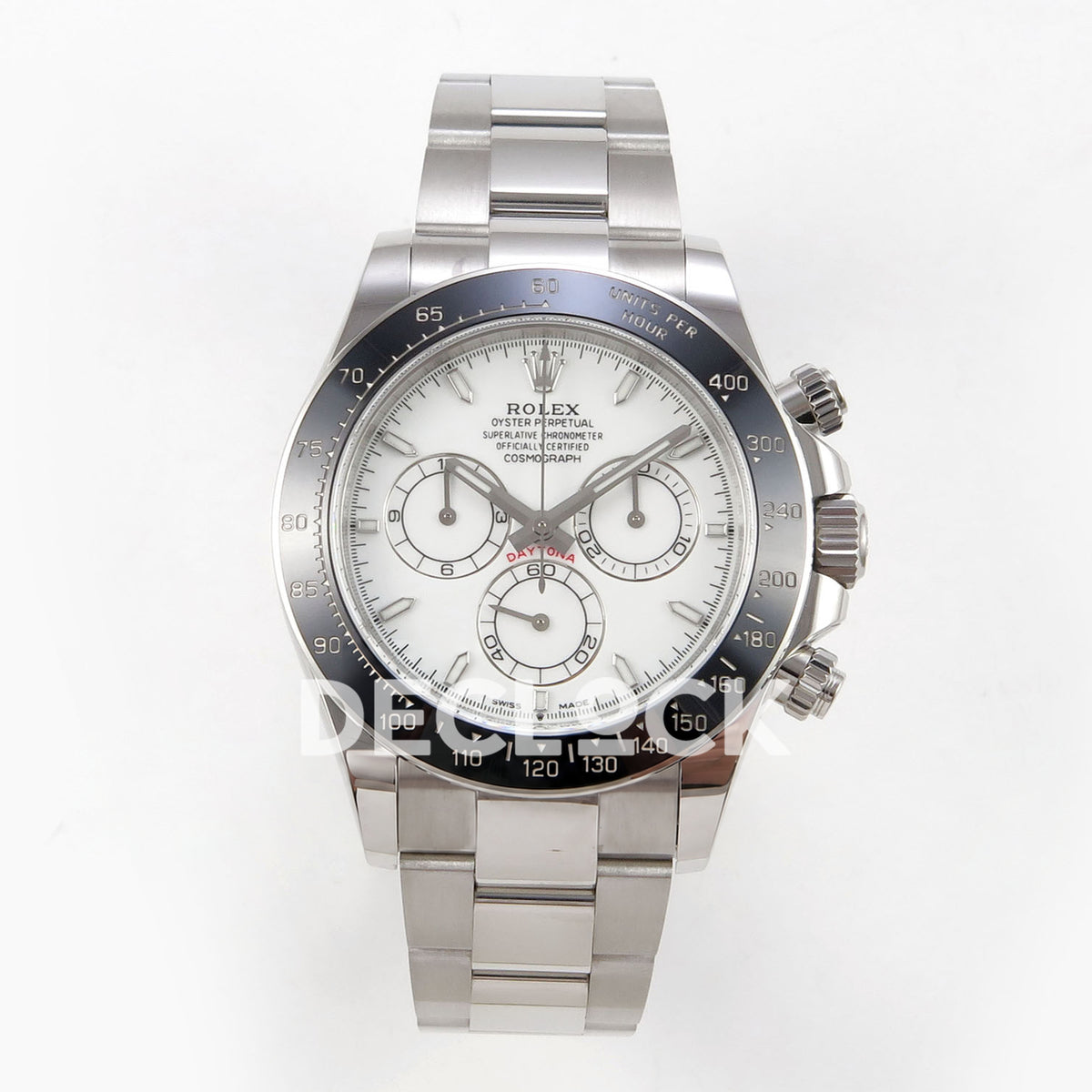 Rolex Daytona 126502 QF replica - front view of white dial and stainless-steel bracelet