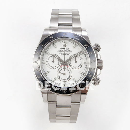 Rolex Daytona 126502 QF replica - front view of white dial and stainless-steel bracelet