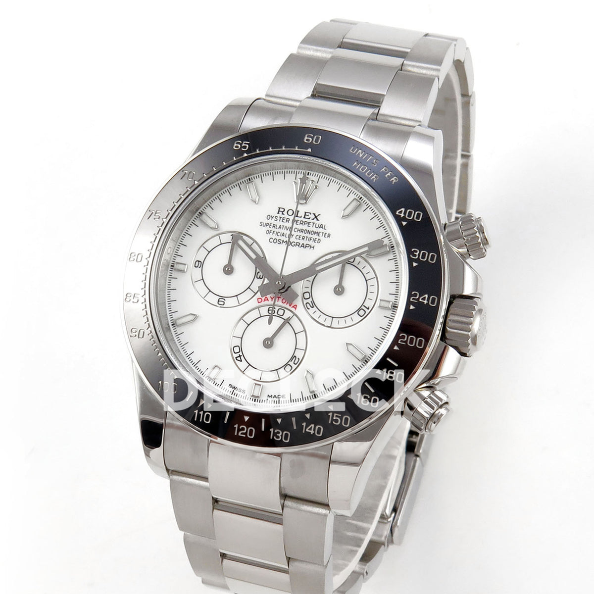 Rolex Daytona 126502 QF replica - angled front view of stainless-steel case and bracelet