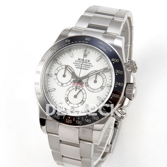 Rolex Daytona 126502 QF replica - angled front view of stainless-steel case and bracelet