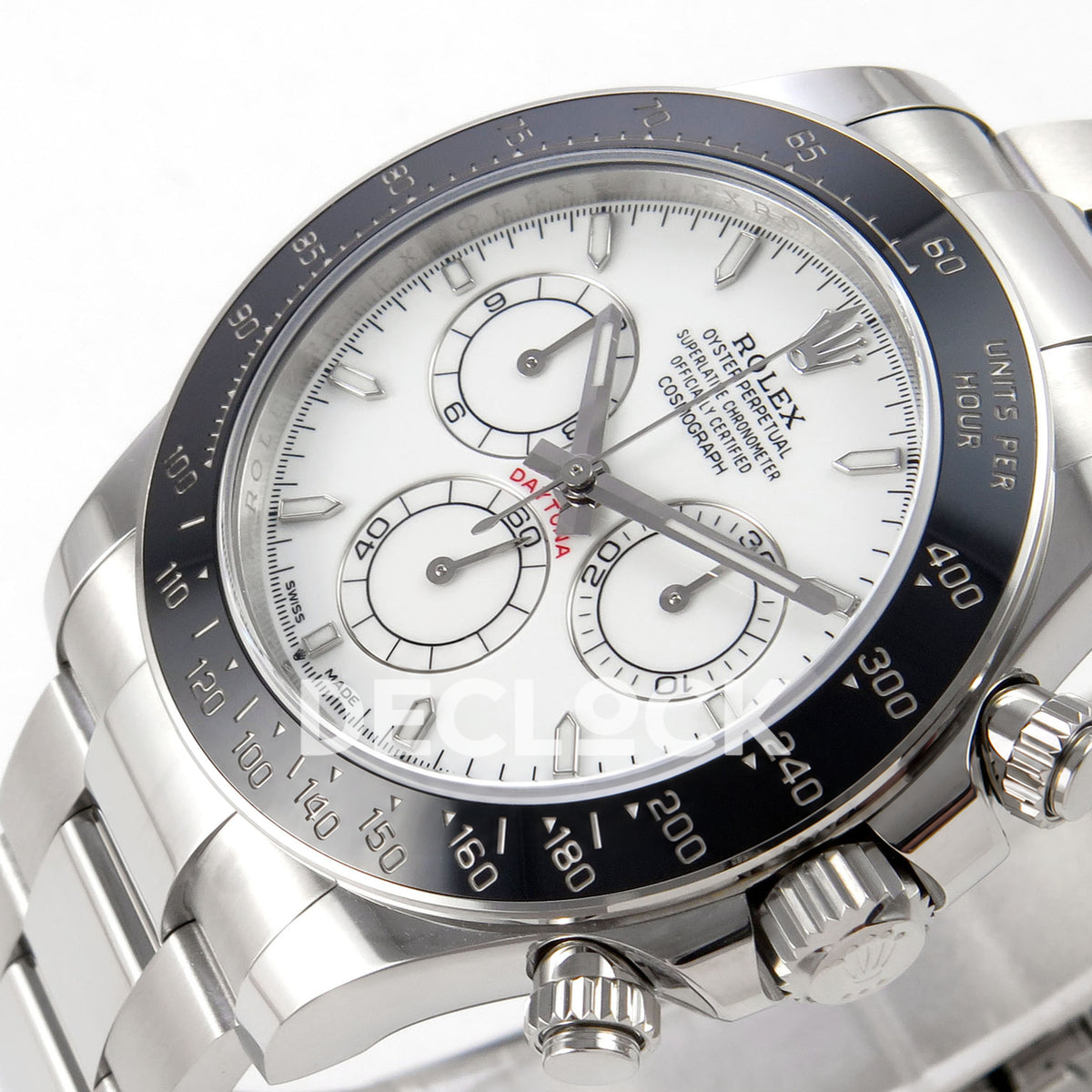 Rolex Daytona 126502 QF replica - white dial and black ceramic tachymeter bezel detail