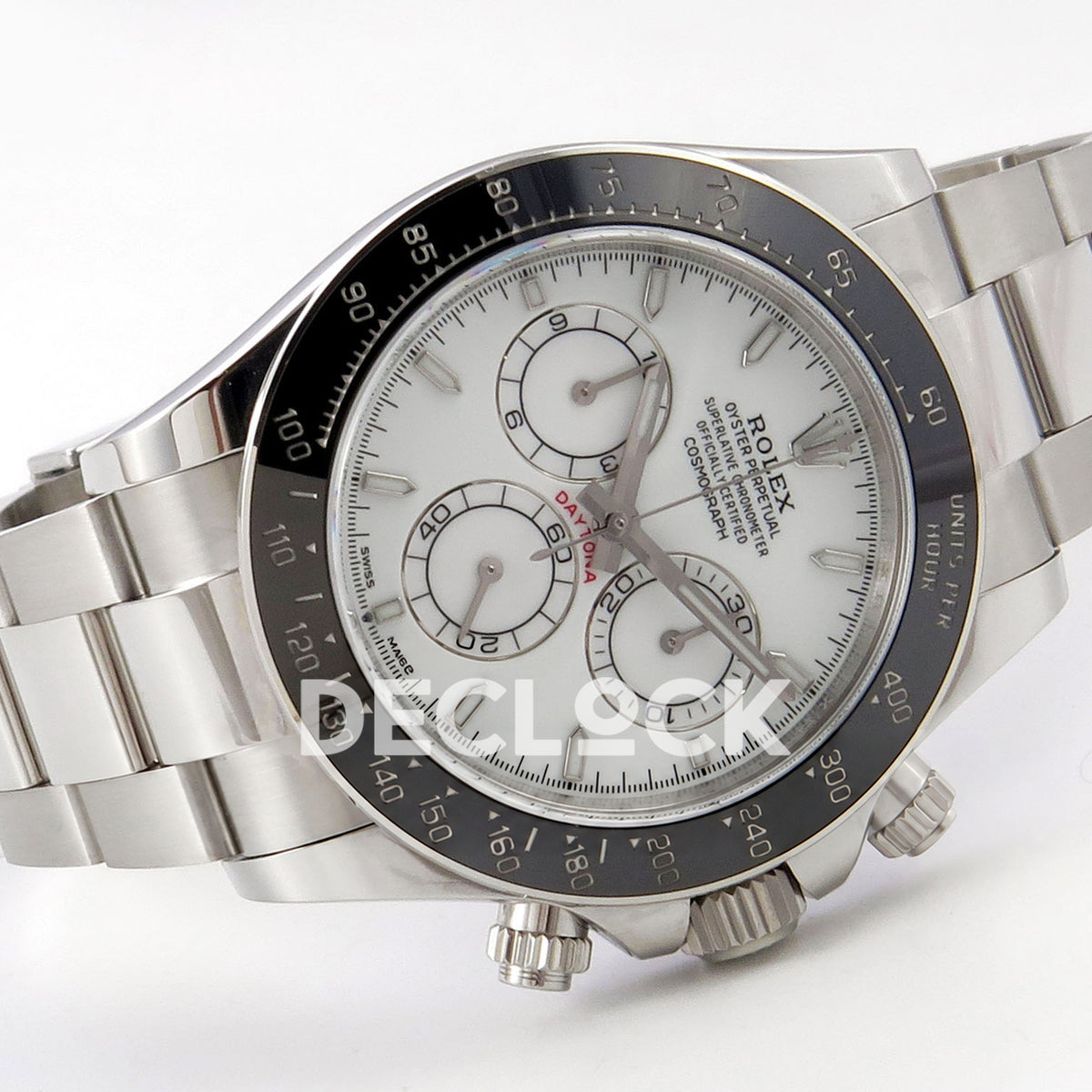 Rolex Daytona 126502 QF replica - horizontal front view of white dial and steel bracelet