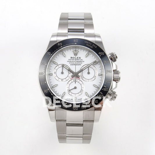 Rolex Daytona 126502 ERF replica - front view of white dial and stainless-steel bracelet