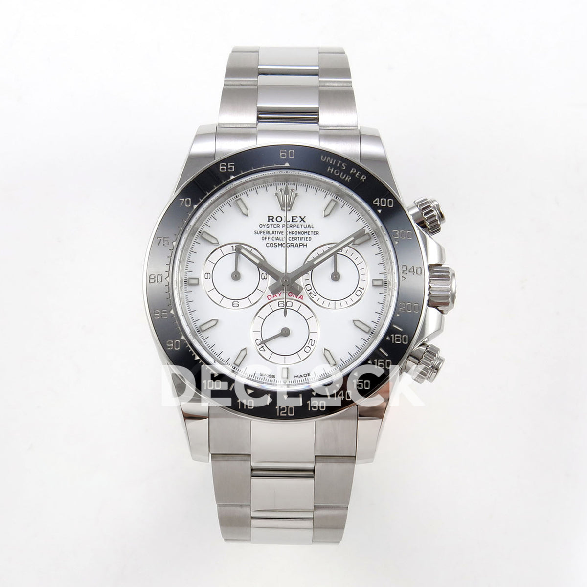 Rolex Daytona 126502 ERF replica - front view of white dial and stainless-steel bracelet