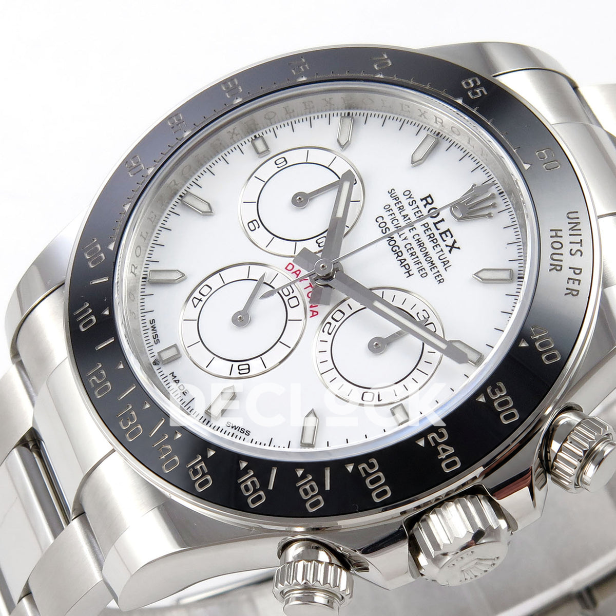Rolex Daytona 126502 ERF replica - white dial and black ceramic tachymeter bezel detail