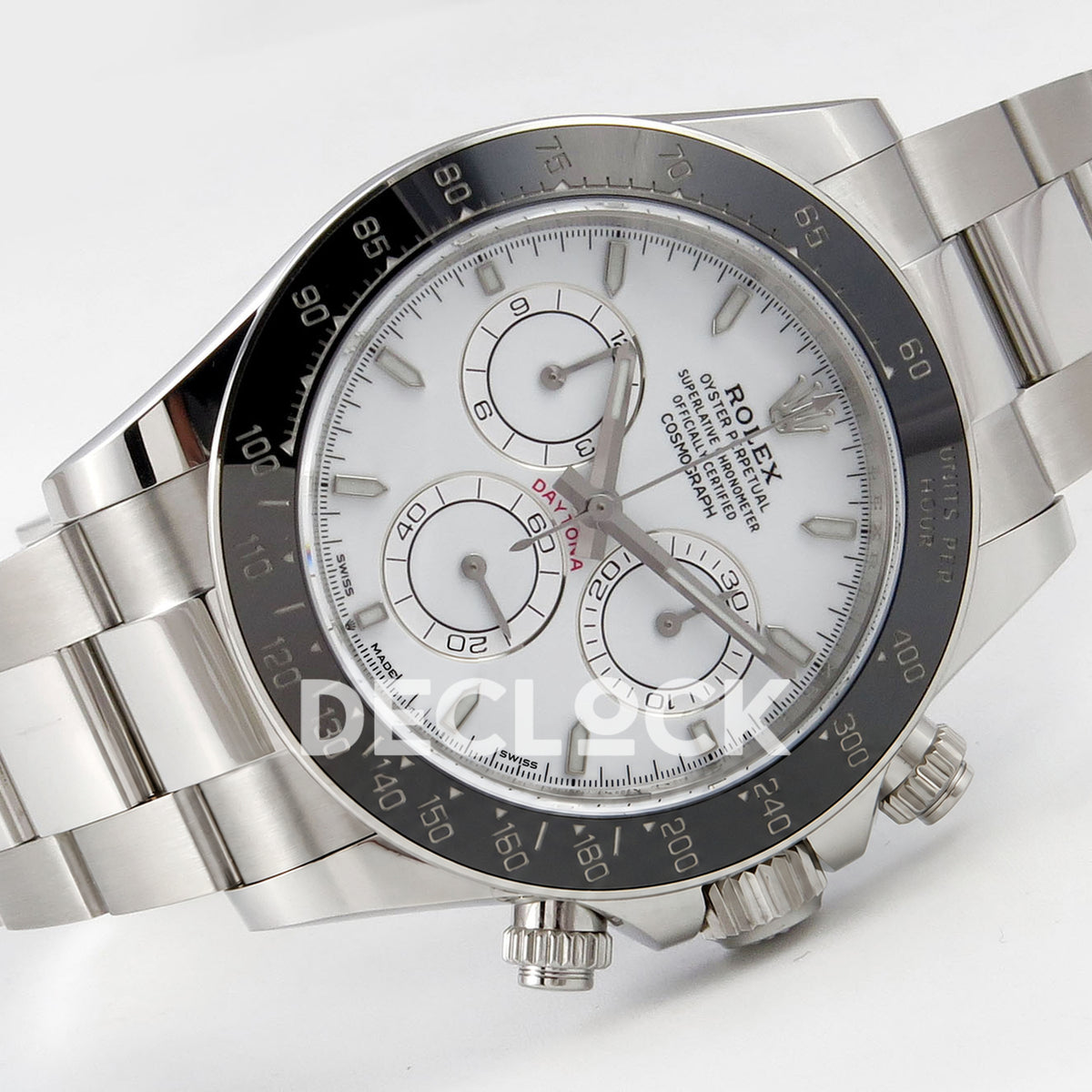 Rolex Daytona 126502 ERF replica - horizontal front view of white dial and steel bracelet
