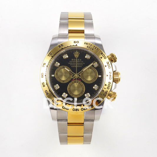 Rolex Daytona 126503 BTF replica, front view with black diamond-marker dial and two-tone Oyster bracelet