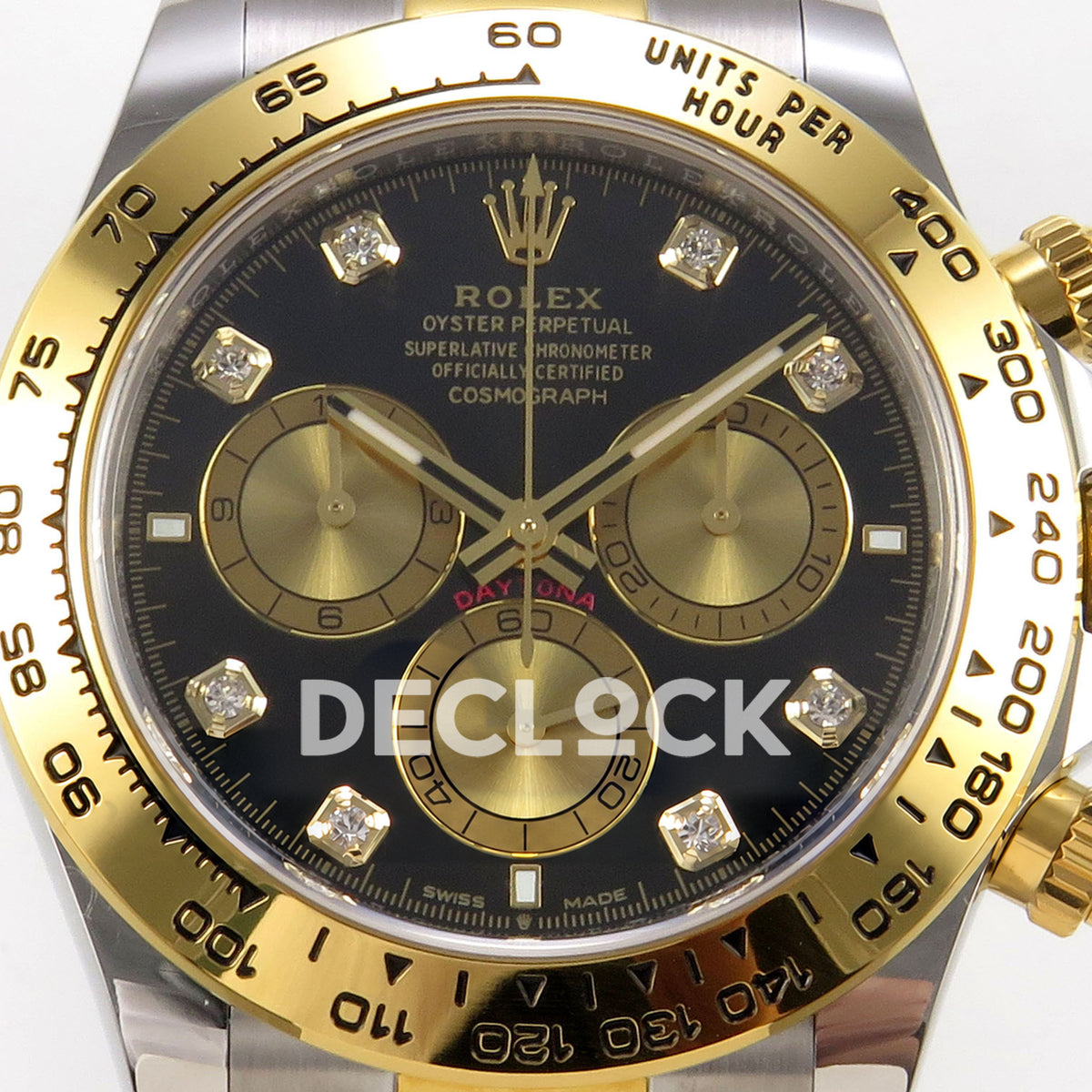 Rolex Daytona 126503 BTF replica, black and gold dial and tachymeter close-up