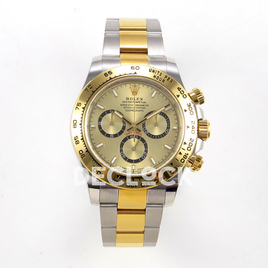 Rolex Daytona 126503 BTF replica, front view with gold dial and two-tone Oyster bracelet