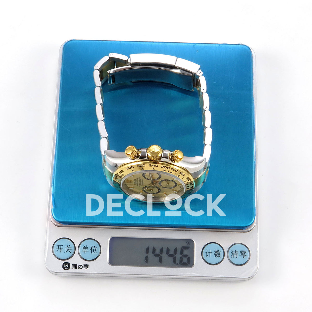 Rolex Daytona 126503 BTF replica, watch on digital scale showing 144.6 g