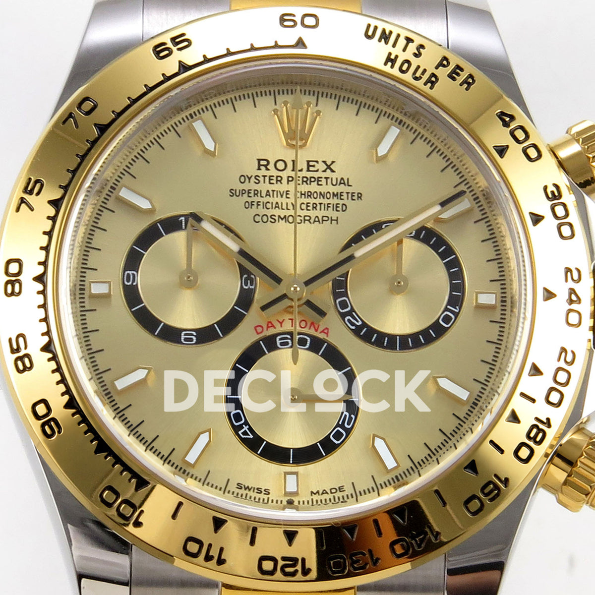 Rolex Daytona 126503 BTF replica, gold dial and black-ringed subdials close-up