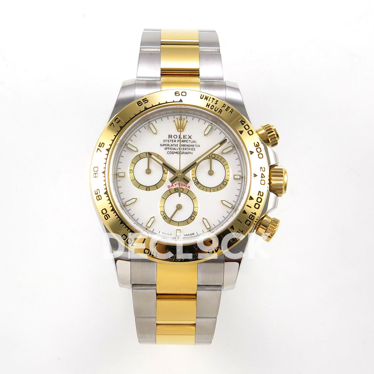 Rolex Daytona 126503 BTF replica, front view with white dial and two-tone Oyster bracelet