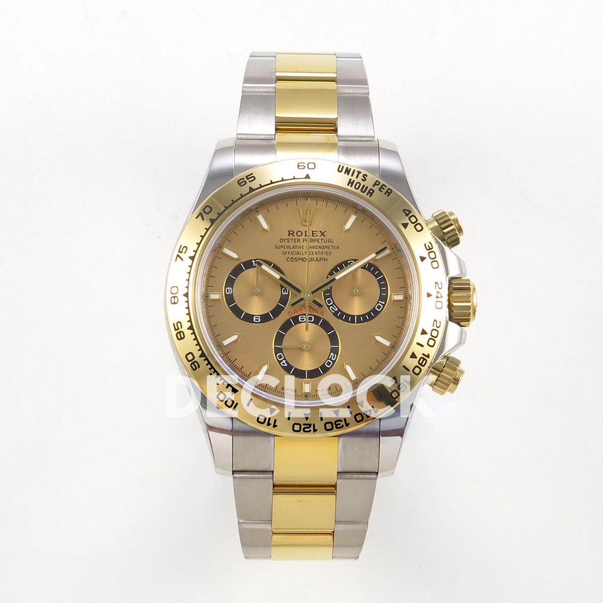 Rolex Daytona 126503 WF replica, front view with gold dial and luminous hour markers