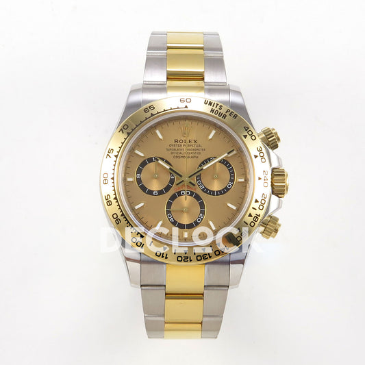Rolex Daytona 126503 WF replica, front view with gold dial and luminous hour markers
