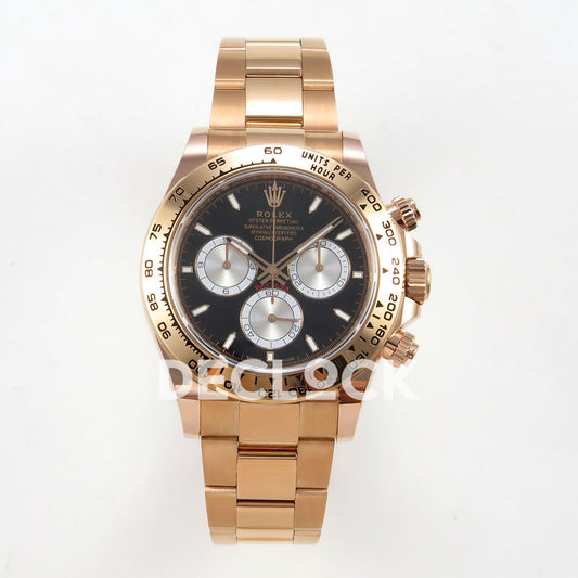 Rolex Daytona 126505 BTF replica - front view of black dial, full silver counter faces, luminous baton markers, rose-gold-tone metal tachymeter bezel and bracelet