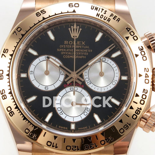 Rolex Daytona 126505 BTF replica - original black dial, full silver chronograph faces, luminous baton markers and rose-gold tachymeter bezel