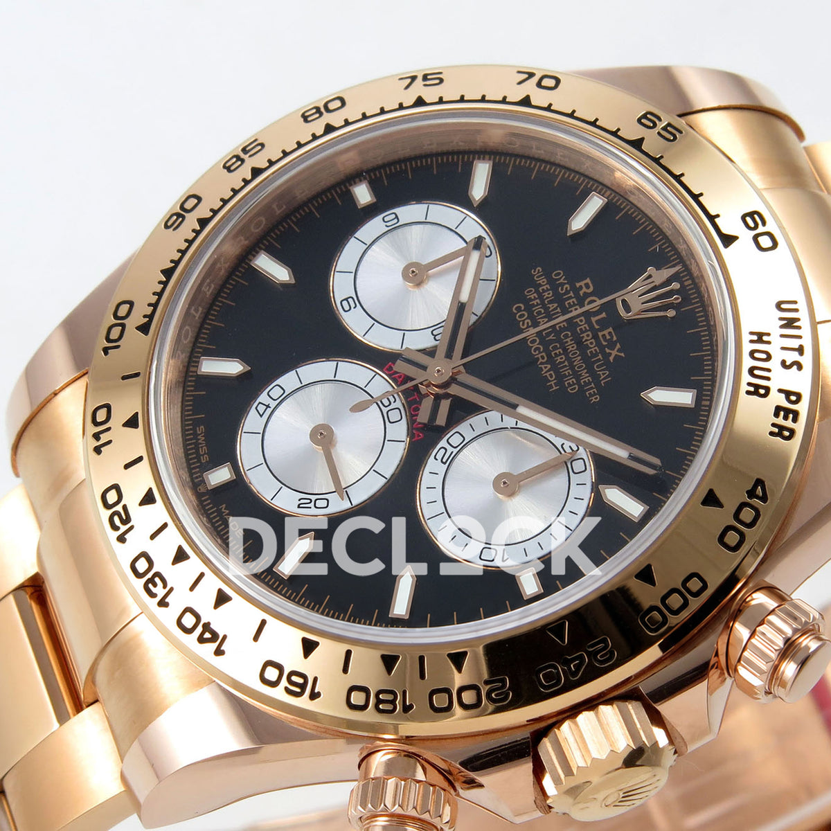 Rolex Daytona 126505 BTF replica - original black dial, full silver chronograph faces, luminous baton markers and rose-gold tachymeter bezel