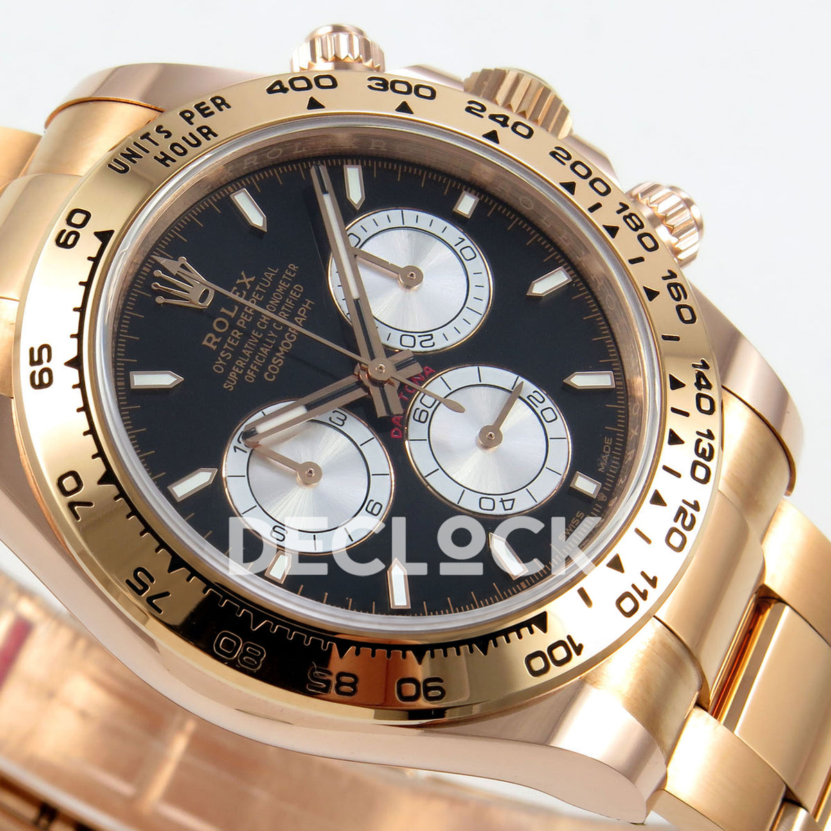 Rolex Daytona 126505 BTF replica - original black dial, full silver chronograph faces, luminous baton markers and rose-gold tachymeter bezel