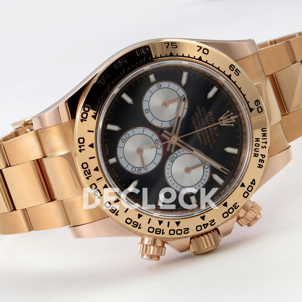 Rolex Daytona 126505 BTF replica - original black dial, full silver chronograph faces, luminous baton markers and rose-gold tachymeter bezel