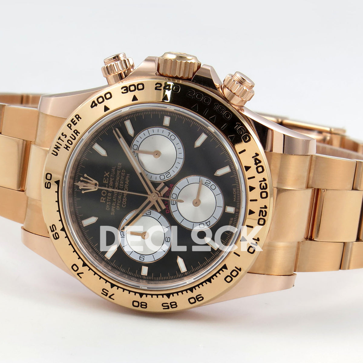 Rolex Daytona 126505 BTF replica - original black dial, full silver chronograph faces, luminous baton markers and rose-gold tachymeter bezel