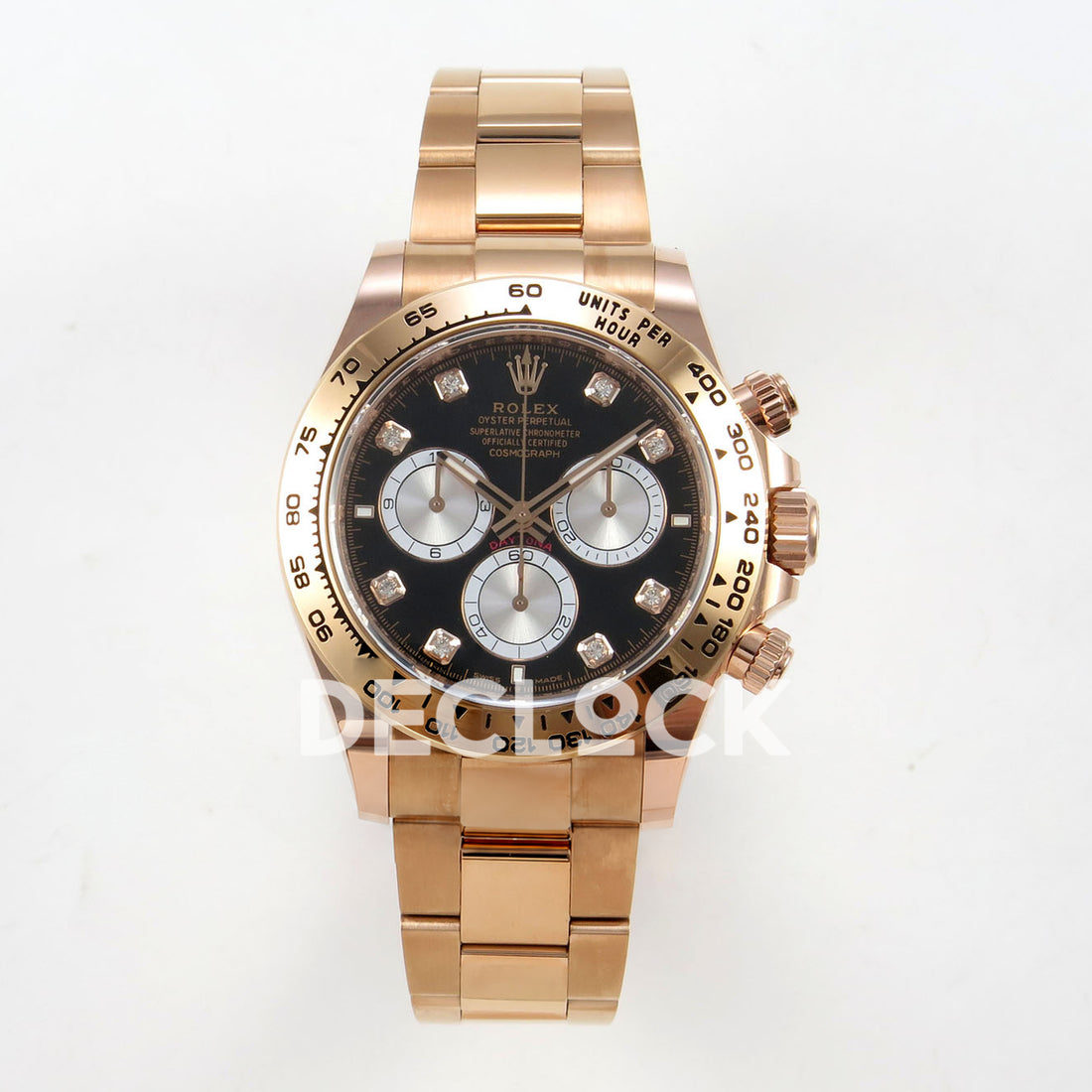 Rolex Daytona 126505 BTF replica - front view of black dial, full silver counters, clear gem-set hour markers, rose-gold-tone tachymeter bezel and bracelet 126505